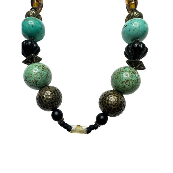 VTG Carol Kent Necklace Turquoise Metal Glass Beads Gemstone Green Brown… - Picture 2 of 5